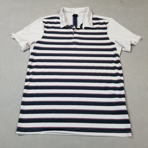 Oakley Polo Shirt Mens Size M White Blue Striped Golf Short Sleeve